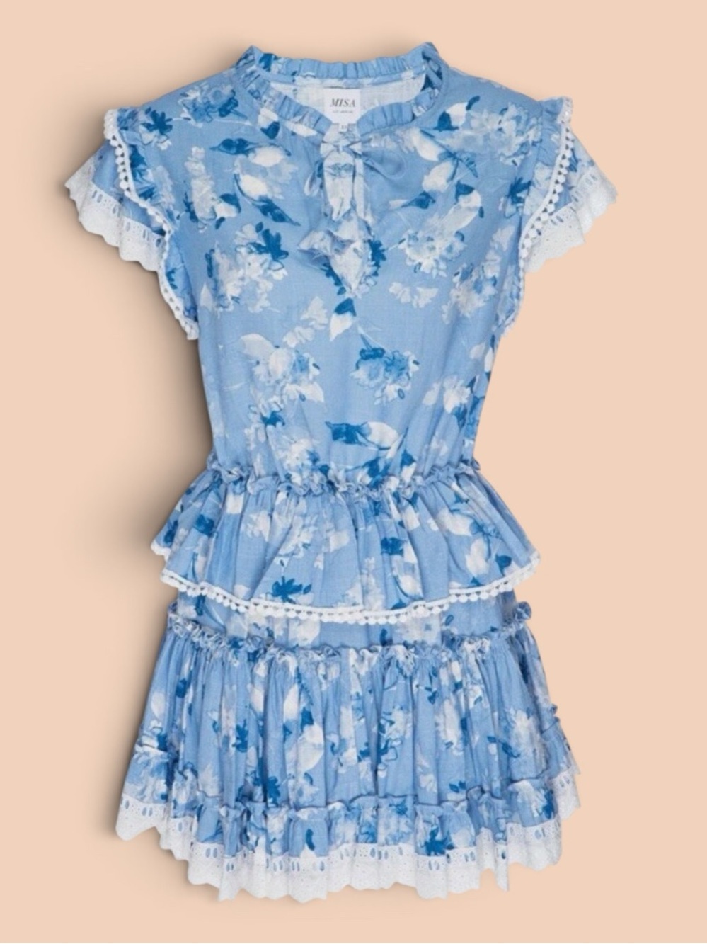 Misa Los Angeles Lilian Blue Washed Wildflower Mini Ruffle Dress Size Medium A-2
